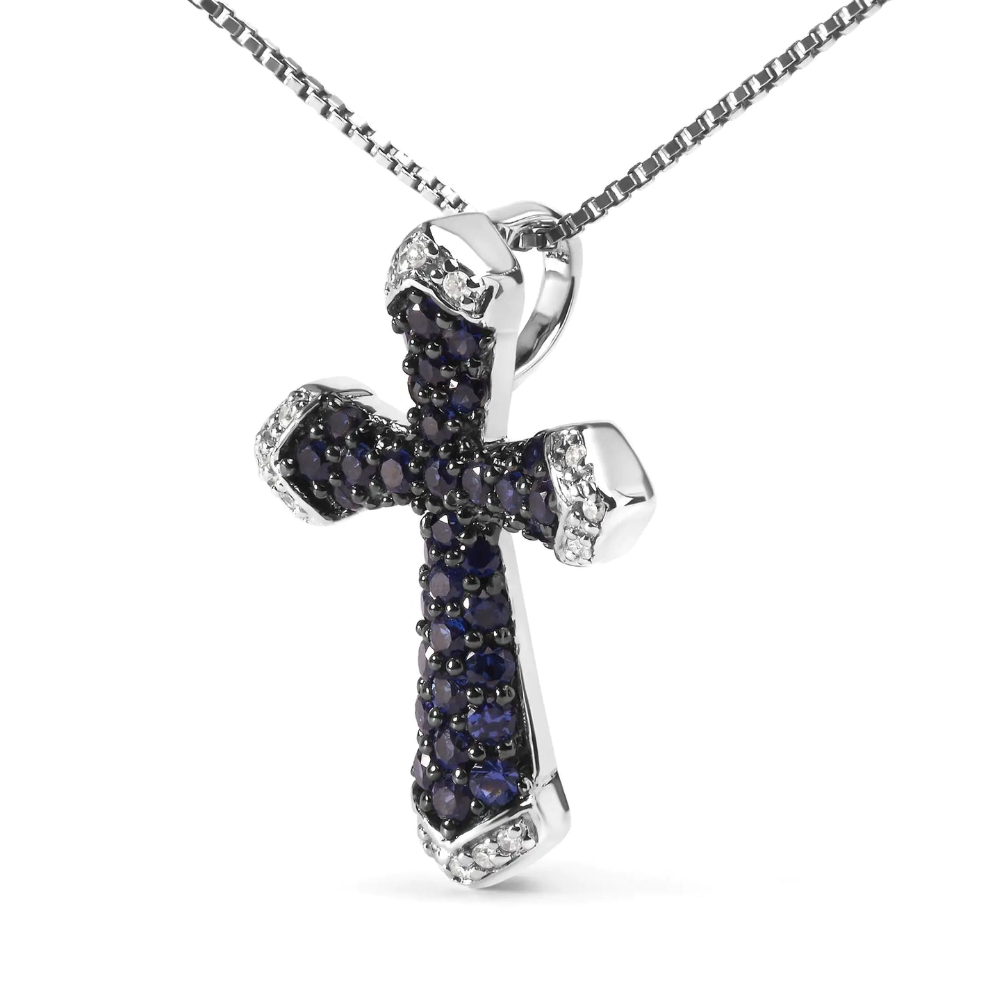 .925 Sterling Silver 3/4 Cttw Created Blue Sapphire and White Diamond Accent Cross Pendant Necklace - 18" Inches