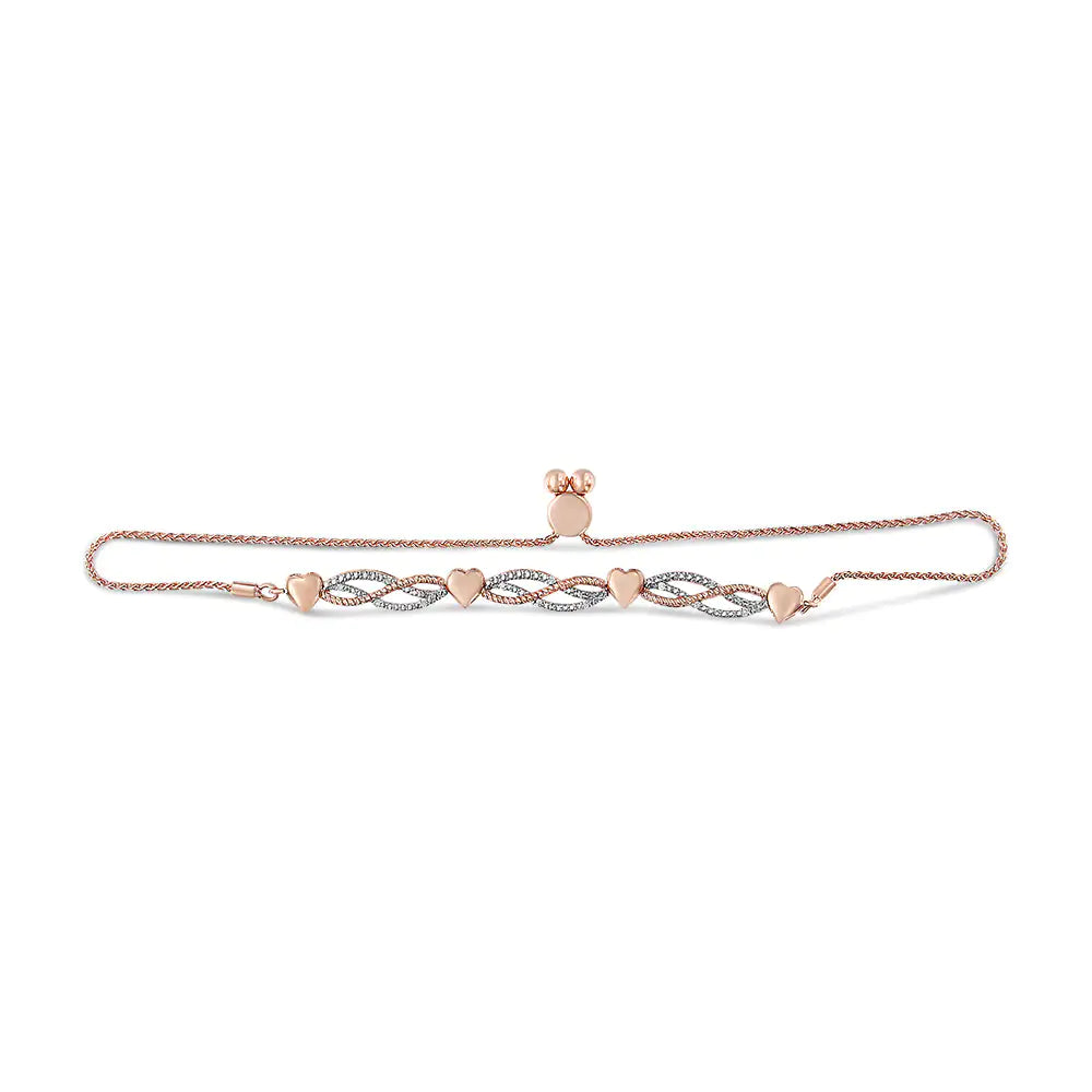 14K Rose Gold Plated .925 Sterling Silver Cttw Diamond Accent Layered Infinity Link and Heart Adjustable 4”-10” Adjustable Bolo Bracelet (I-J Color, I3 Clarity)