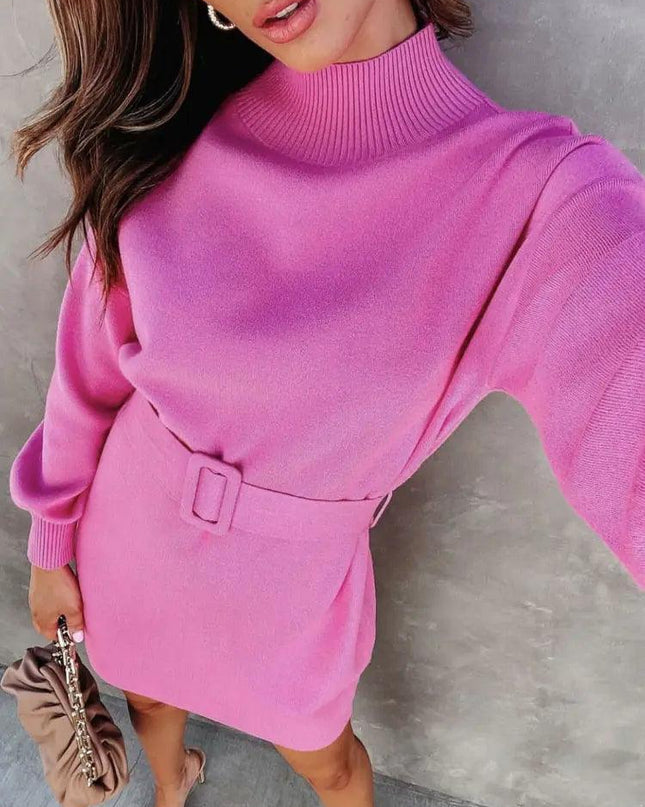 Elegant Turtleneck Sweater Dress with Belt