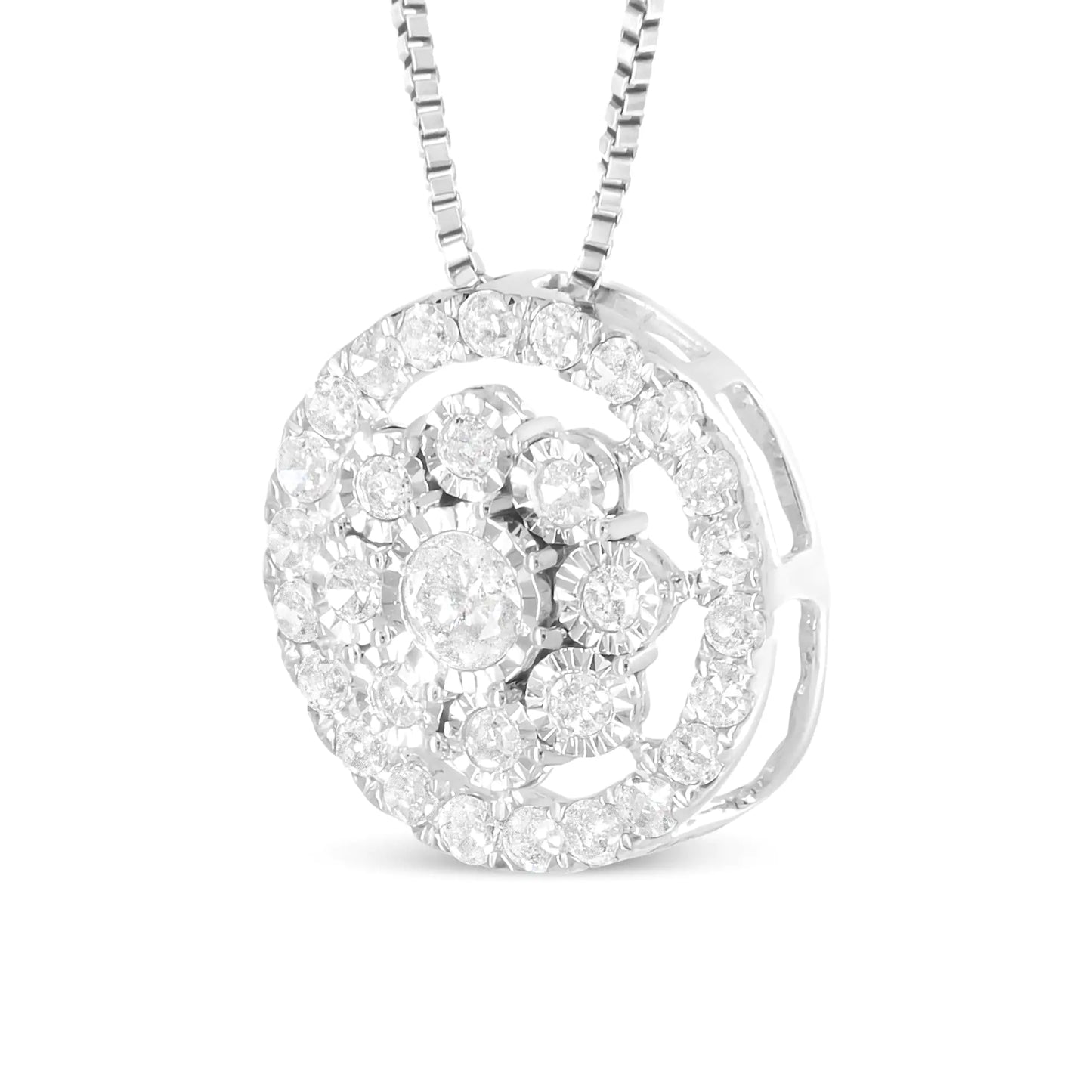 10K White Gold 1/2 Cttw Miracle Set Diamond Cluster Flower Halo 18" Pendant Necklace (I-J Color, I1-I2 Clarity)