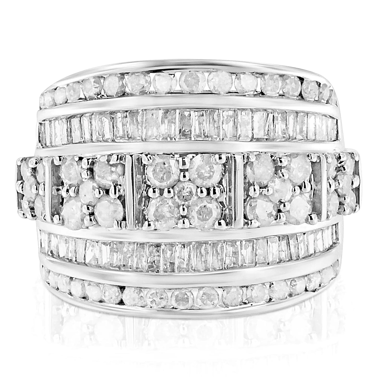 .925 Sterling Silver 2.0 Cttw Round & Baguette Cut Diamond Multi-Row Channel Set Tapered Cocktail Fashion Ring (I-J Color, I3 Clarity)