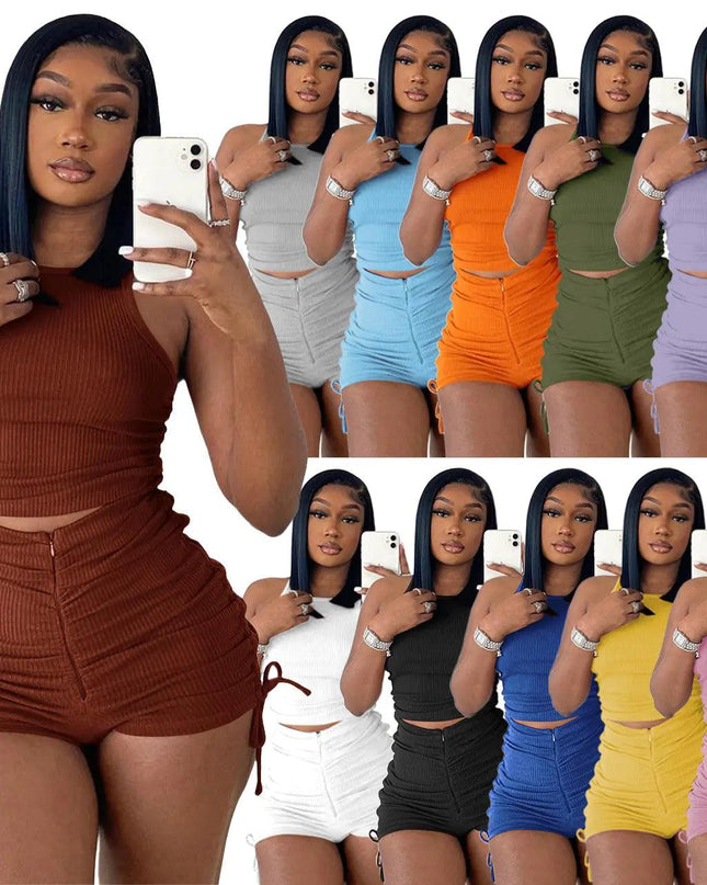 Drawstring Zipper Rib Casual Set