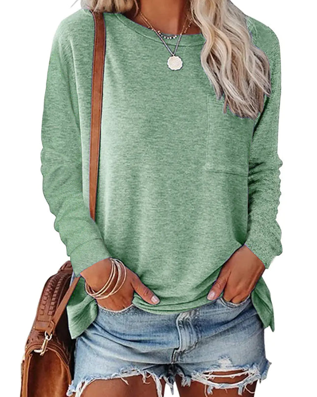 Pocket Split Long-sleeved Casual T-shirt