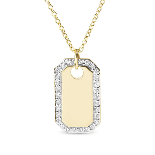 14K Yellow Gold 1/4 Cttw Diamond Halo  Octagonal Dog Tag Pendant 18" Necklace (I-J Color, I2-I3 Clarity)