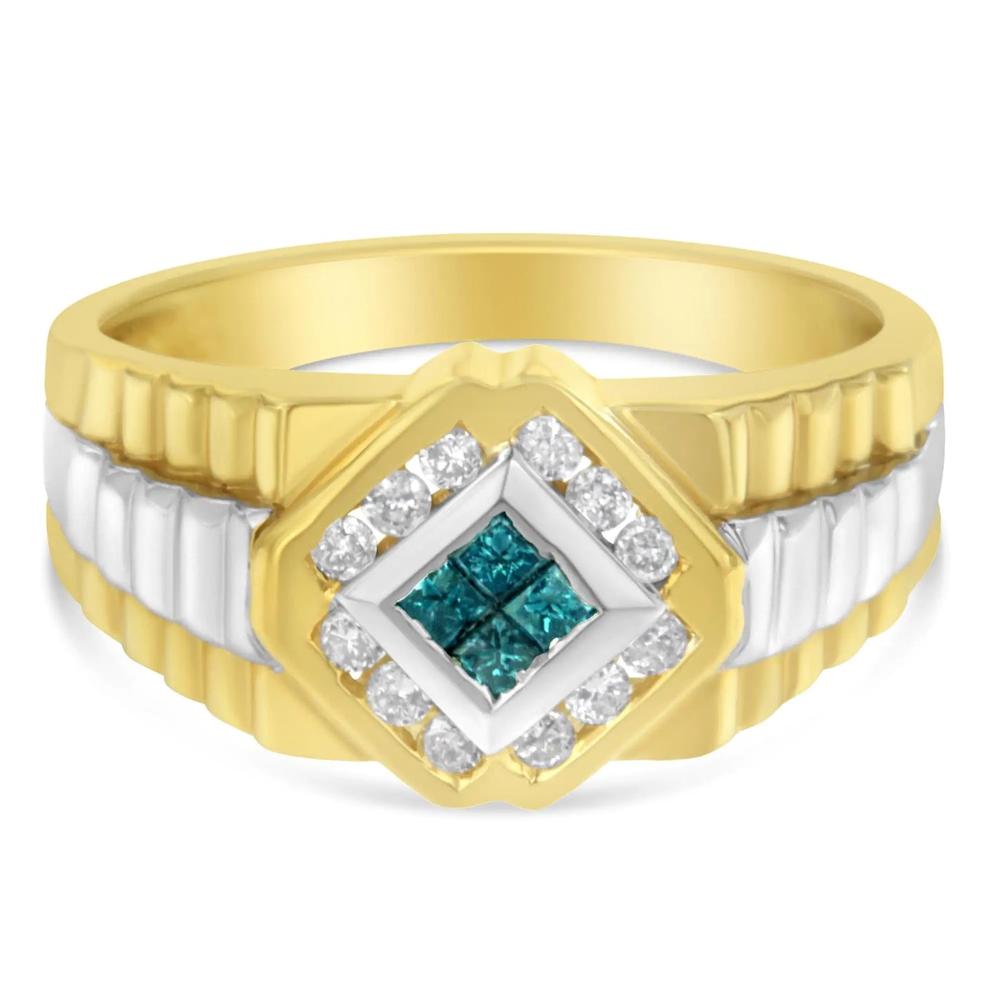 Men's 14kt Yellow and White Gold 1/2 cttw Treated Blue Princess-Cut and White Round-cut Diamond Signet Ring(Treated Blue/H-I,SI2-I1)