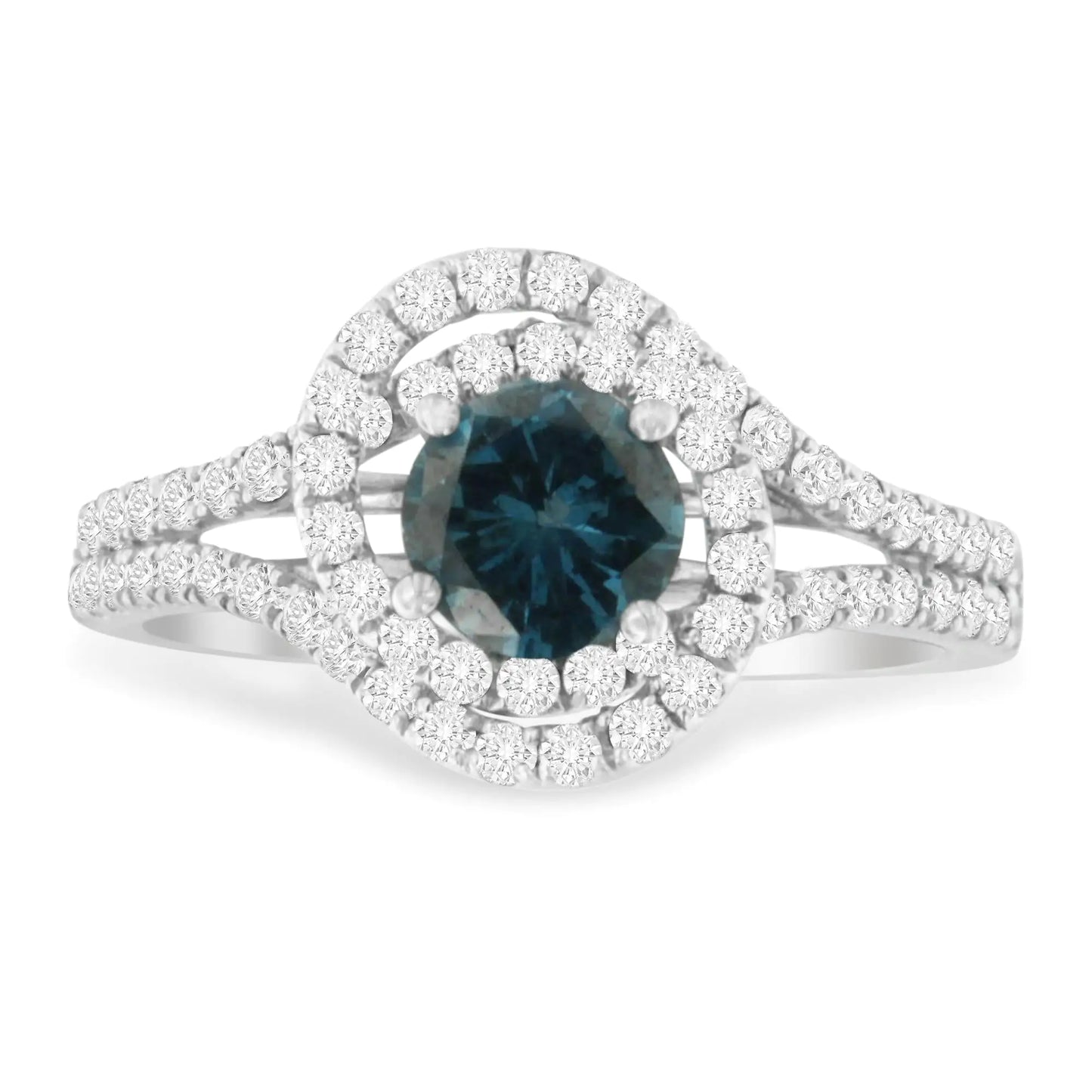 14K White Gold 1-1/3 Cttw White & Blue Diamond Interweaving Double Halo Cocktail Statement Ring (G-H and Fancy Blue Color, SI2-I1 Clarity)