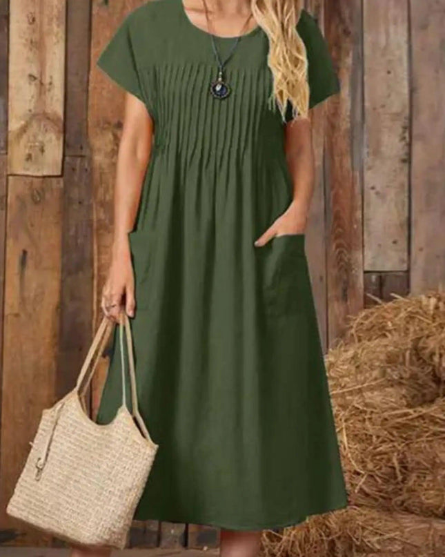 O-Neck Short Sleeve Solid Mid-Calf Dress