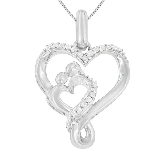 .925 Sterling Silver 1/10 Cttw Diamond Mother & Child Double Open Heart 18" Pendant Necklace (H-I Color, I2-I3 Clarity)