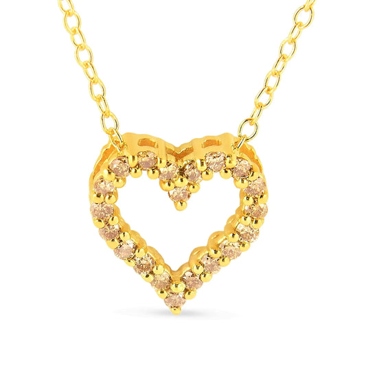 10K Yellow Gold Plated .925 Sterling Silver 1/4 Cttw Champagne Diamond Heart 18" Pendant Necklace (Champagne Color, I1-I2 Clarity)