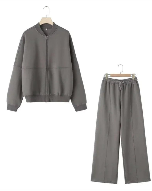 Zipper Bomber Jacket Coat Sweater Loose High Waist Flannel Pants