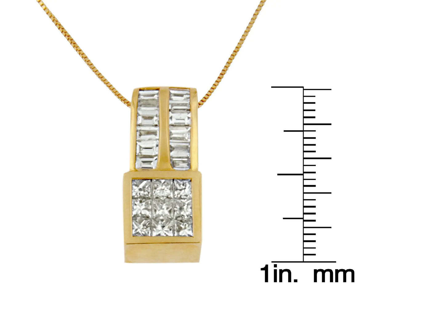 14K Yellow Gold 1 1/4 cttw Princess and Baguette Cut Geometric Inspired Diamond Pendant Necklace (H-I, VS1-VS2)