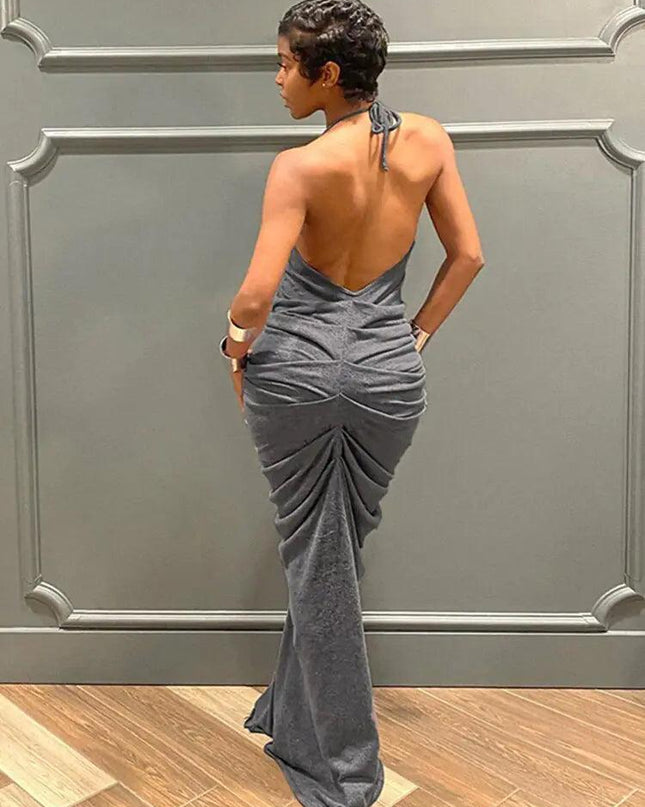 Deep V-neck Sleeveless Halter Evening Dress