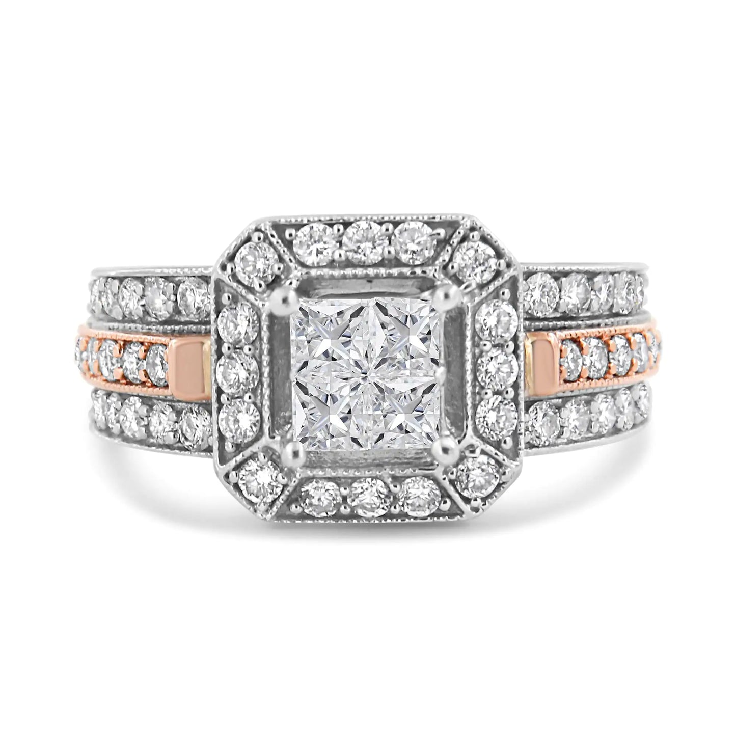 14K White and Rose Gold 1 1/8 Cttw Princess and Round-Cut Diamond Art Deco Style Triple Shank Halo Cocktail Ring (I-J Color, SI2-I1 Clarity)