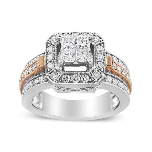 14K White and Rose Gold 1 1/8 Cttw Princess and Round-Cut Diamond Art Deco Style Triple Shank Halo Cocktail Ring (I-J Color, SI2-I1 Clarity)