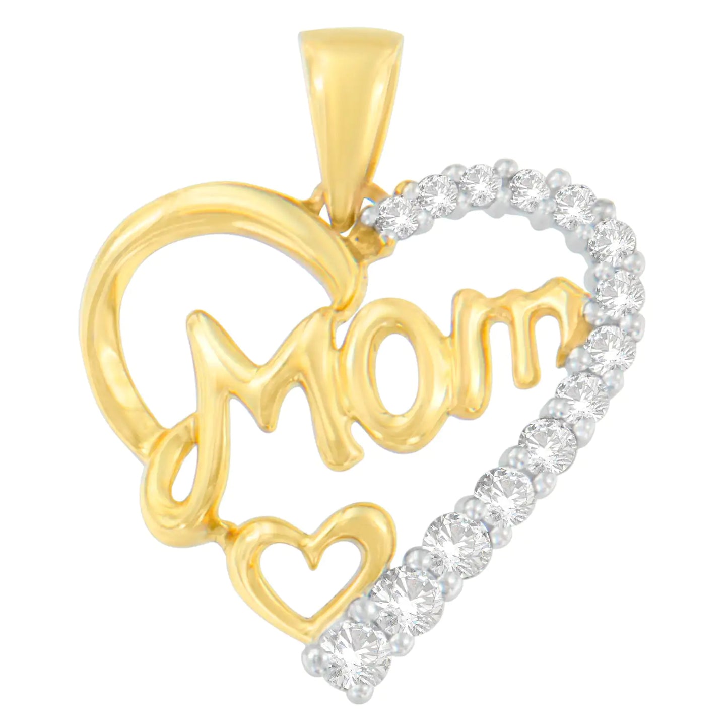 10K Yellow Gold Round Cut Diamond Mom Heart Pendant Necklace (0.25 cttw, H-I Color, I1-I2 Clarity)