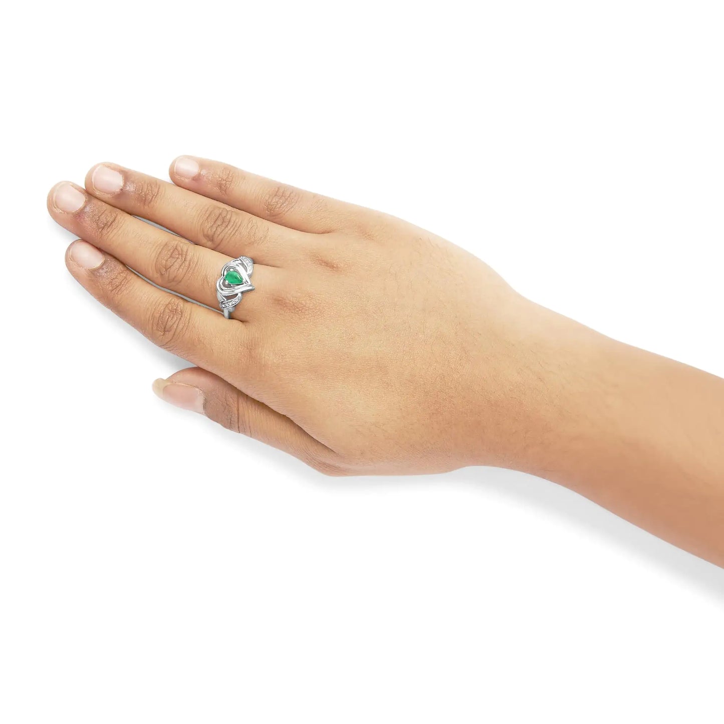 .925 Sterling Silver 6x4mm Pear Emerald Gemstone with Diamond Accent Heart Promise Ring (H-I Color, SI1-SI2 Clarity)