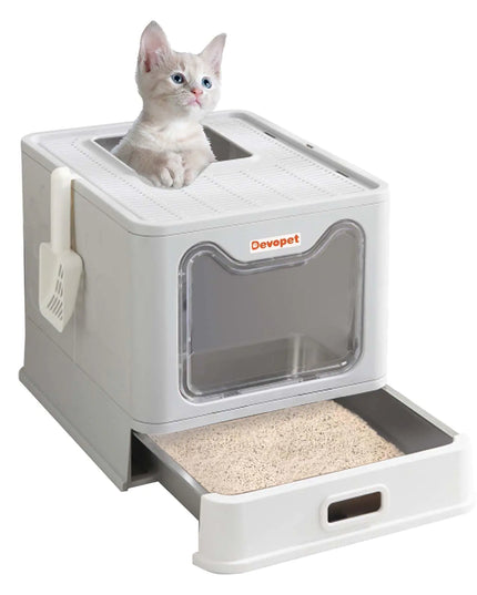 Devopet Stainless Steel Cat Litter Box Enclosed Litter Box with Lid Top Entry Foldable Litter Box Covered Metal Kitty Litter Box Large Litter Box with Cover Non-StickEasy Cleaning