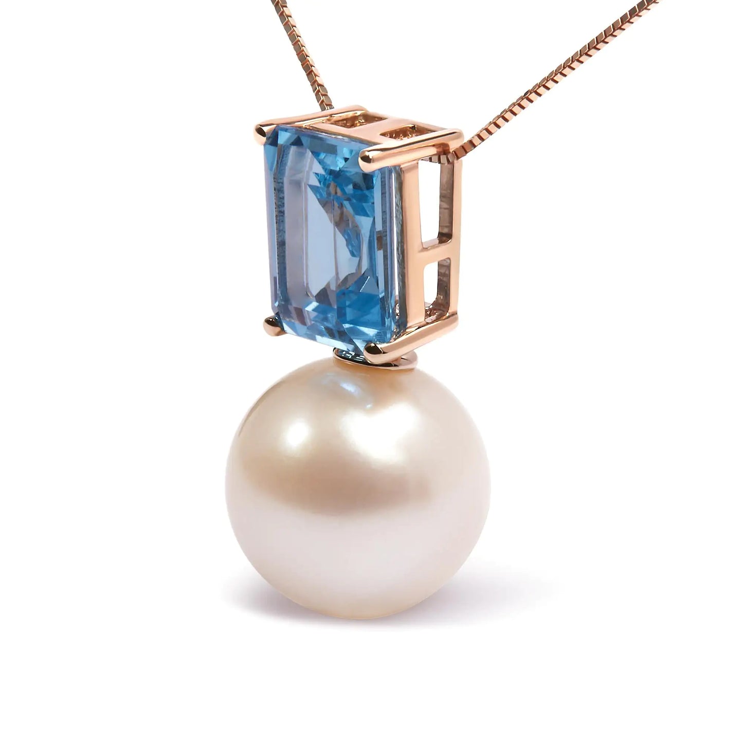 14K Rose Gold 11MM Cultured Freshwater Pearl and 9x7mm Octagon Swiss Blue Topaz Pendant Necklace - 18" Inches