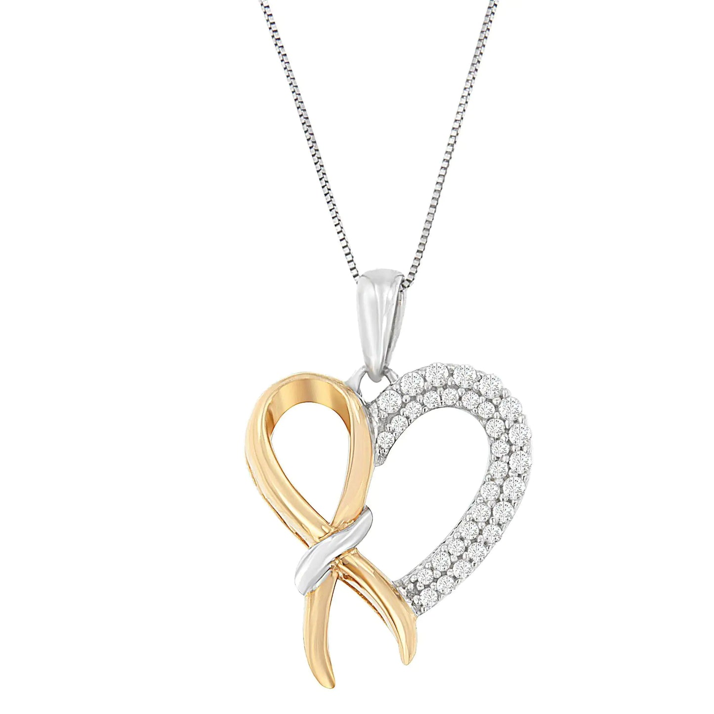 Two-Tone Sterling Silver Round Cut Diamond Heart Promise Bow Pendant Necklace (1/5 cttw, H-I Color, I1-I2 Clarity)