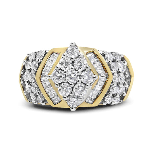 10K Yellow and White Gold 1.00 Cttw Round and Baguette-Cut Diamond Cluster Ring (H-I Color, I1-I2 Clarity)