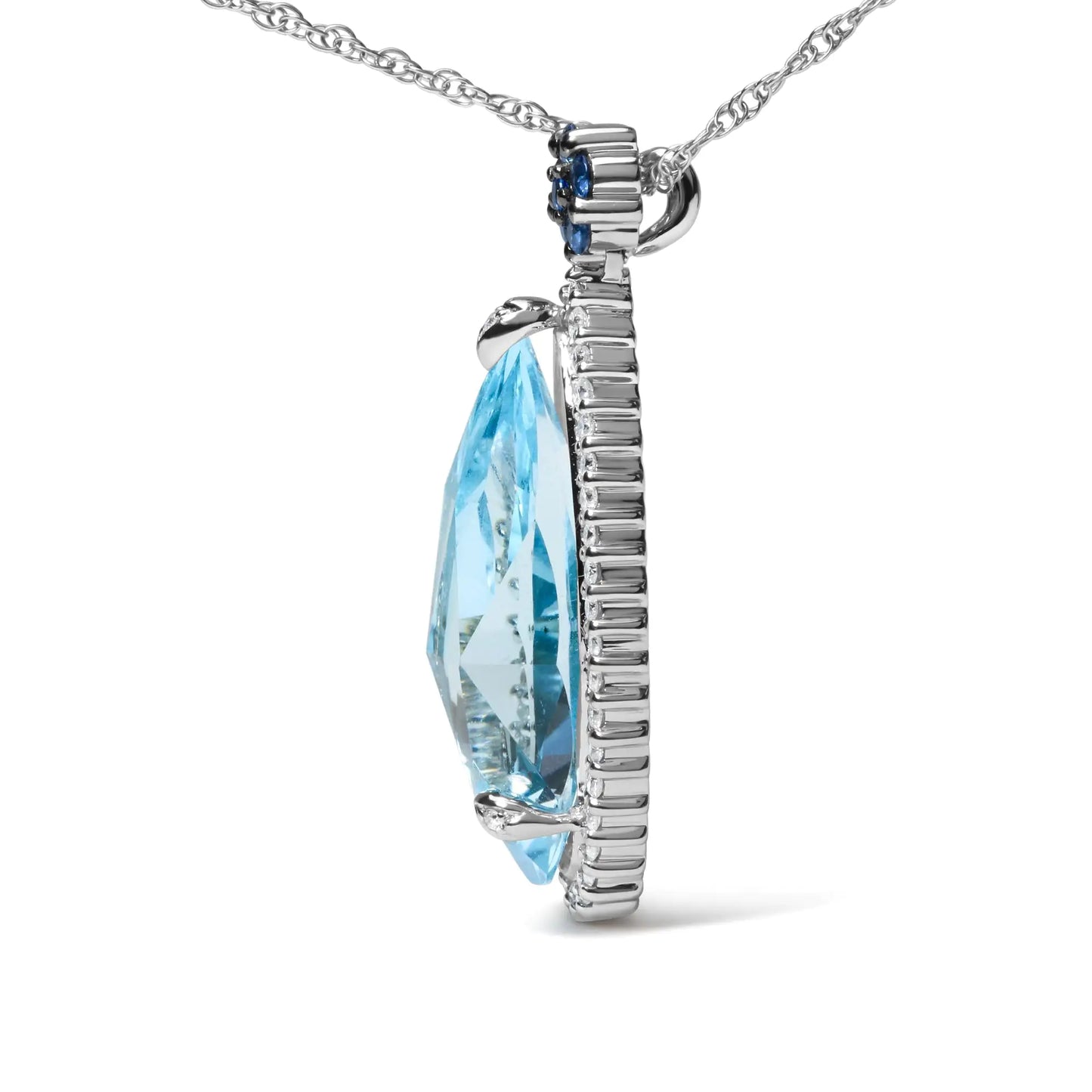 18K White Gold 3/8 Cttw Pave Set Diamond and Sky Blue Topaz and Blue Sapphire Gemstone Floral Teardrop Halo 18" Pendant Necklace (G-H Color, SI2-I1 Clarity)