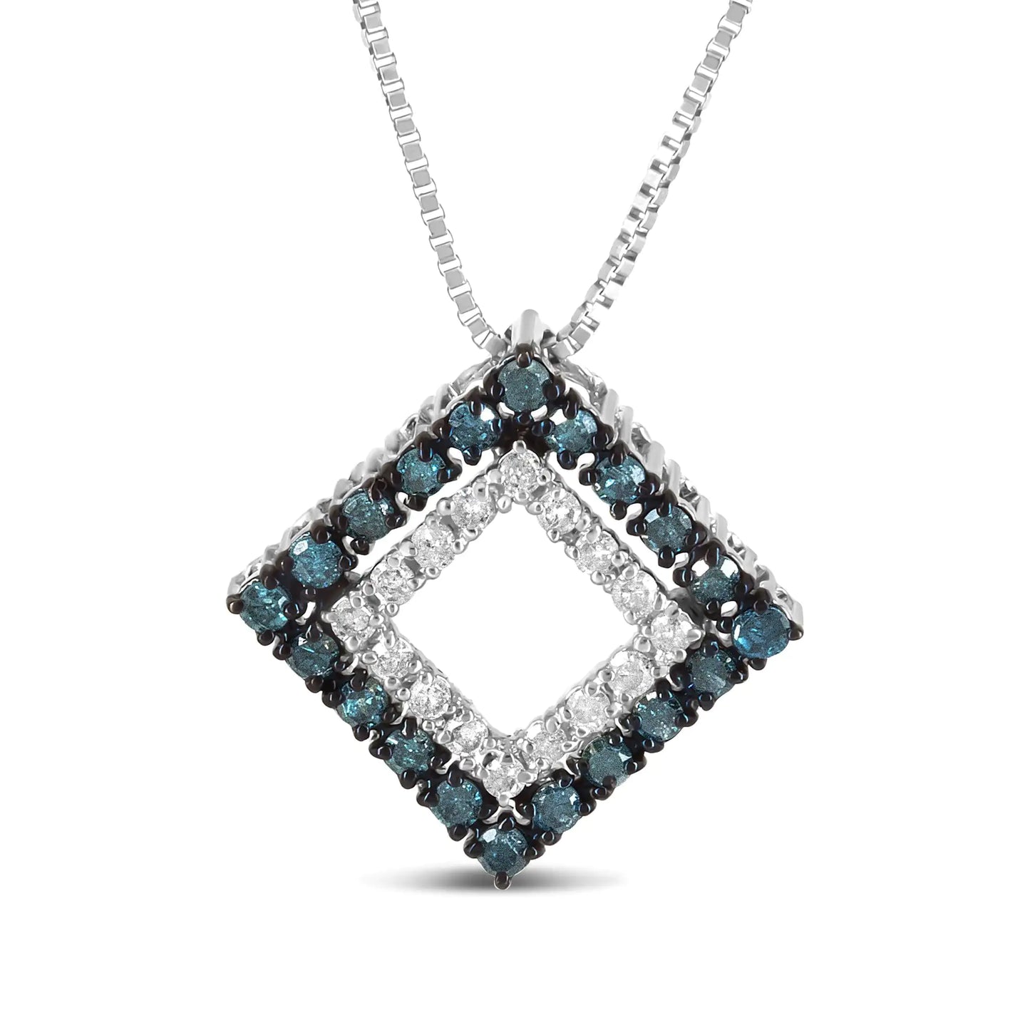 .925 Sterling Silver 1/2 Cttw Treated Blue and White Diamond Double Rhombus 18" Pendant Necklace (Blue/I-J Color, I2-I3 Clarity)