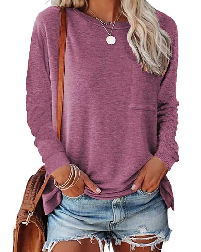 Pocket Split Long-sleeved Casual T-shirt