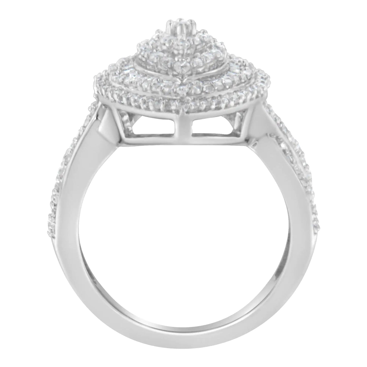 .925 Sterling Silver 1.0 Cttw Round & Baguette-Cut Diamond Marquise-Shaped Cluster Triple Stepped Halo Cocktail Fashion Ring (I-J Color, I2-I3 Clarity)