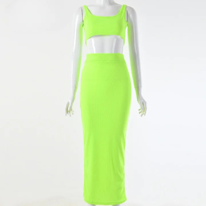 Neon Color Sexy Ribbed Dress Set