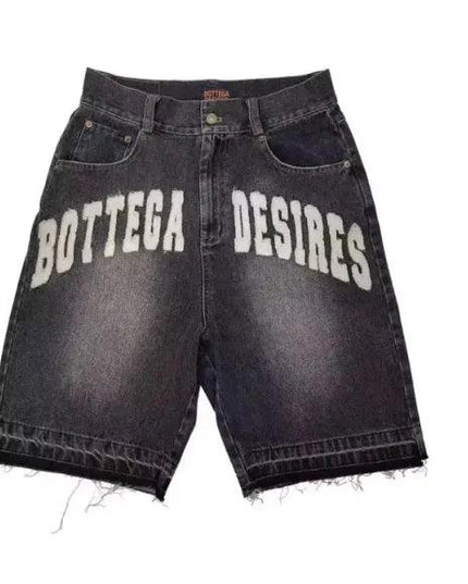 Unisex Retro Letter Embroidered Denim Shorts