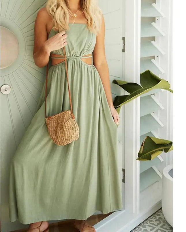 Lace-up Waist Collar Sling Cotton and Linen Dress