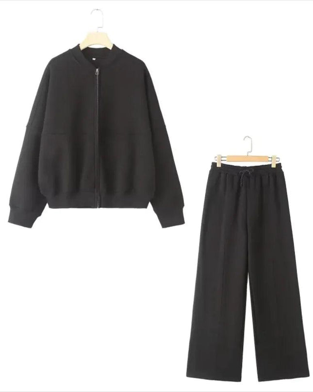 Zipper Bomber Jacket Coat Sweater Loose High Waist Flannel Pants