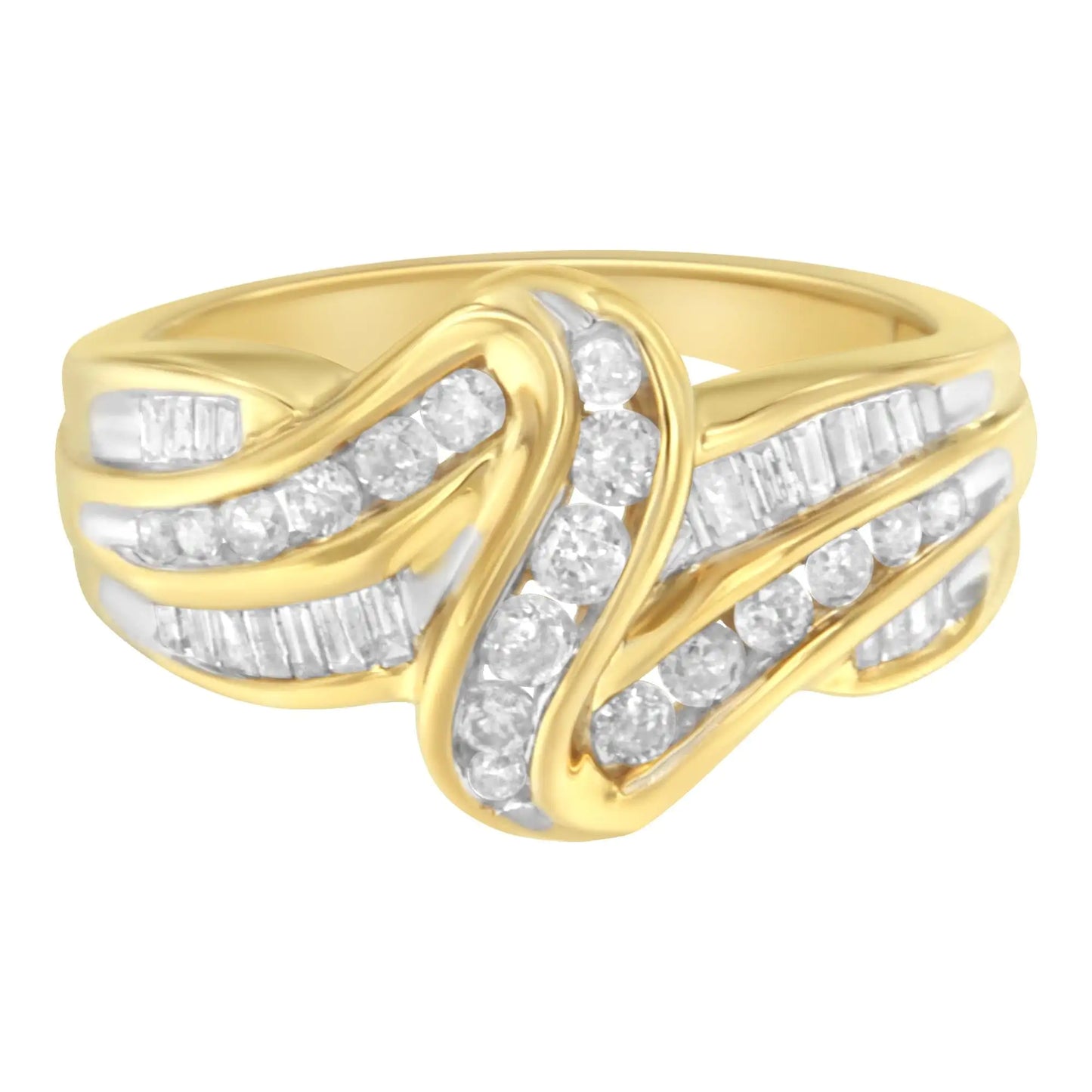 10K Yellow Gold 3/4 Cttw Channel Set Round and Baguette-cut Diamond Double Shank Bypass Ring (J-K Color, I1-I2 Clarity)