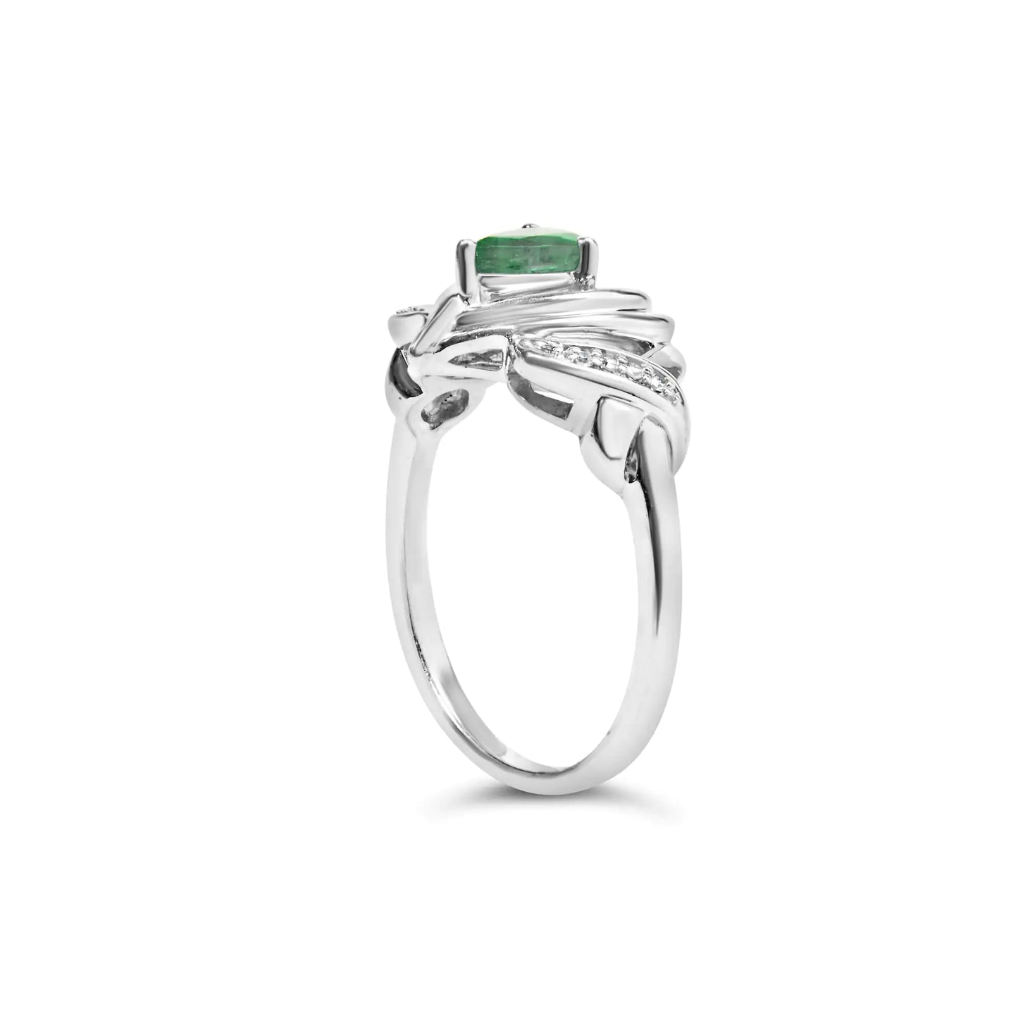 .925 Sterling Silver 6x4mm Pear Emerald Gemstone with Diamond Accent Heart Promise Ring (H-I Color, SI1-SI2 Clarity)