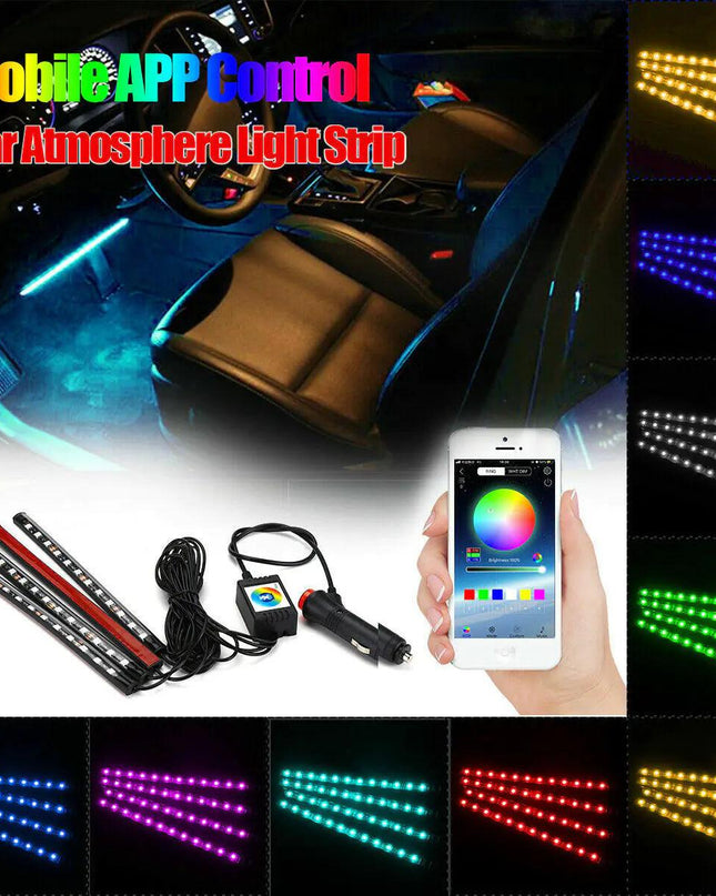 4X 48LED RGB Car Interior Atmosphere Light Strip Bar Bluetooth APP Music Control