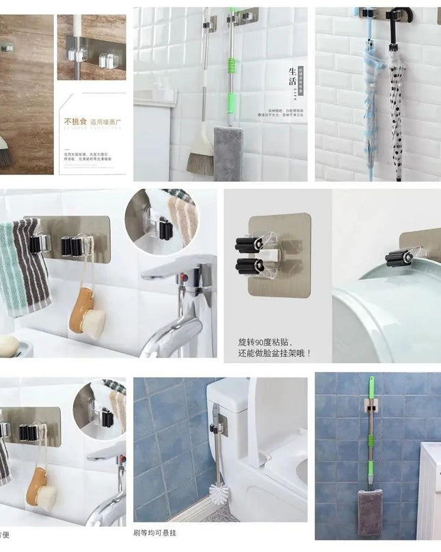 Adhesive Multi-Purpose Hooks Wall Mounted Mop Organizer Holder