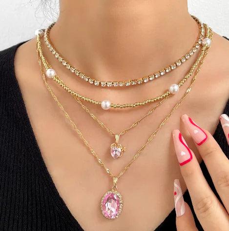 Multi-layer Pink Heart Crystal Pendant Necklaces