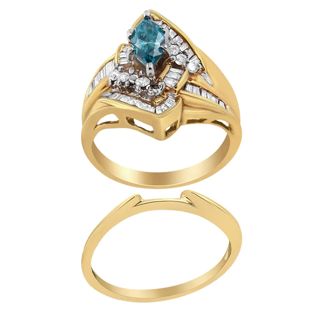 14K Yellow and White Gold 1 1/4 Cttw Treated Blue Diamond Cocktail Ring Set (H-I Color, SI1-SI2 Clarity)