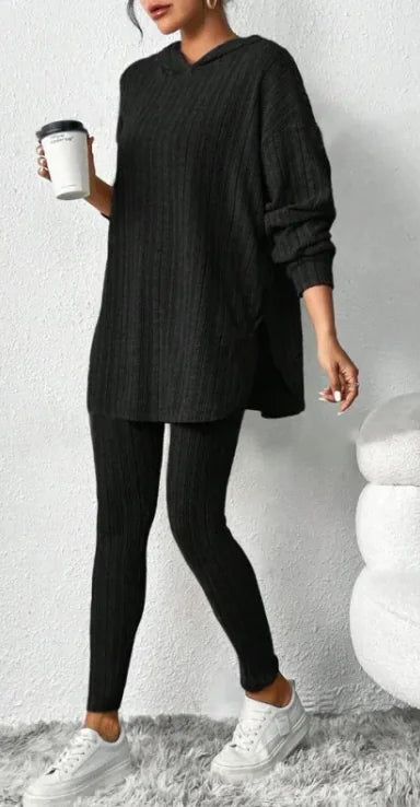 Autumn Solid Color Sunken Stripe Loose-fitting Hoodie Long Sleeve Suit