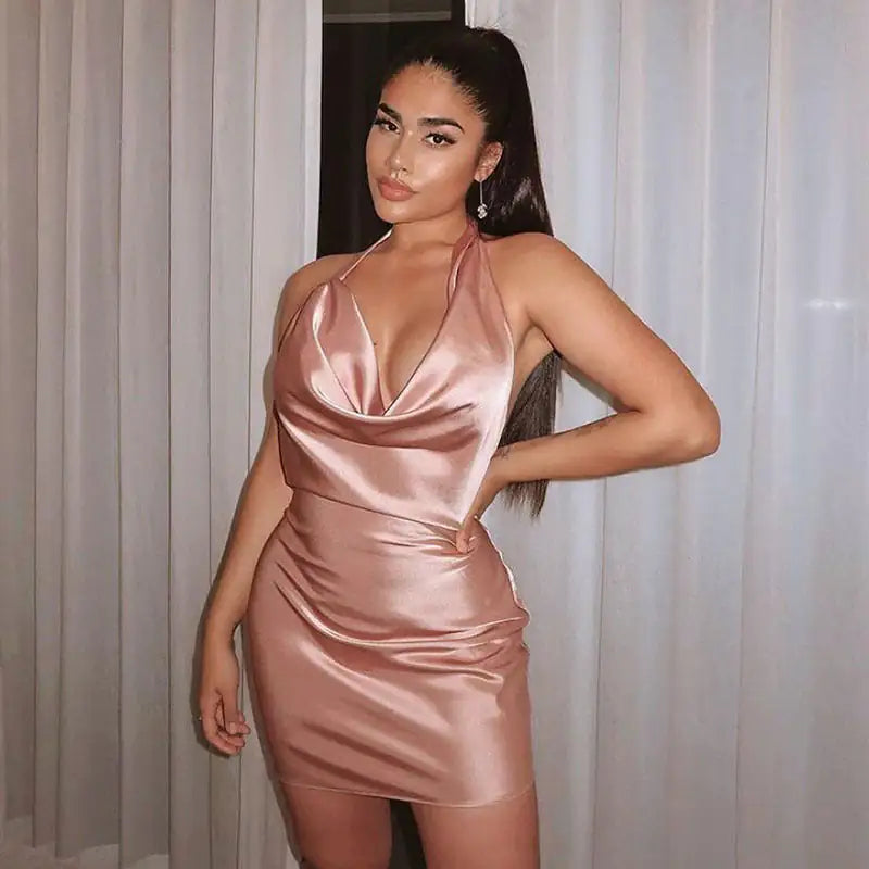 Satin V Neck Backless Mini Party Dress