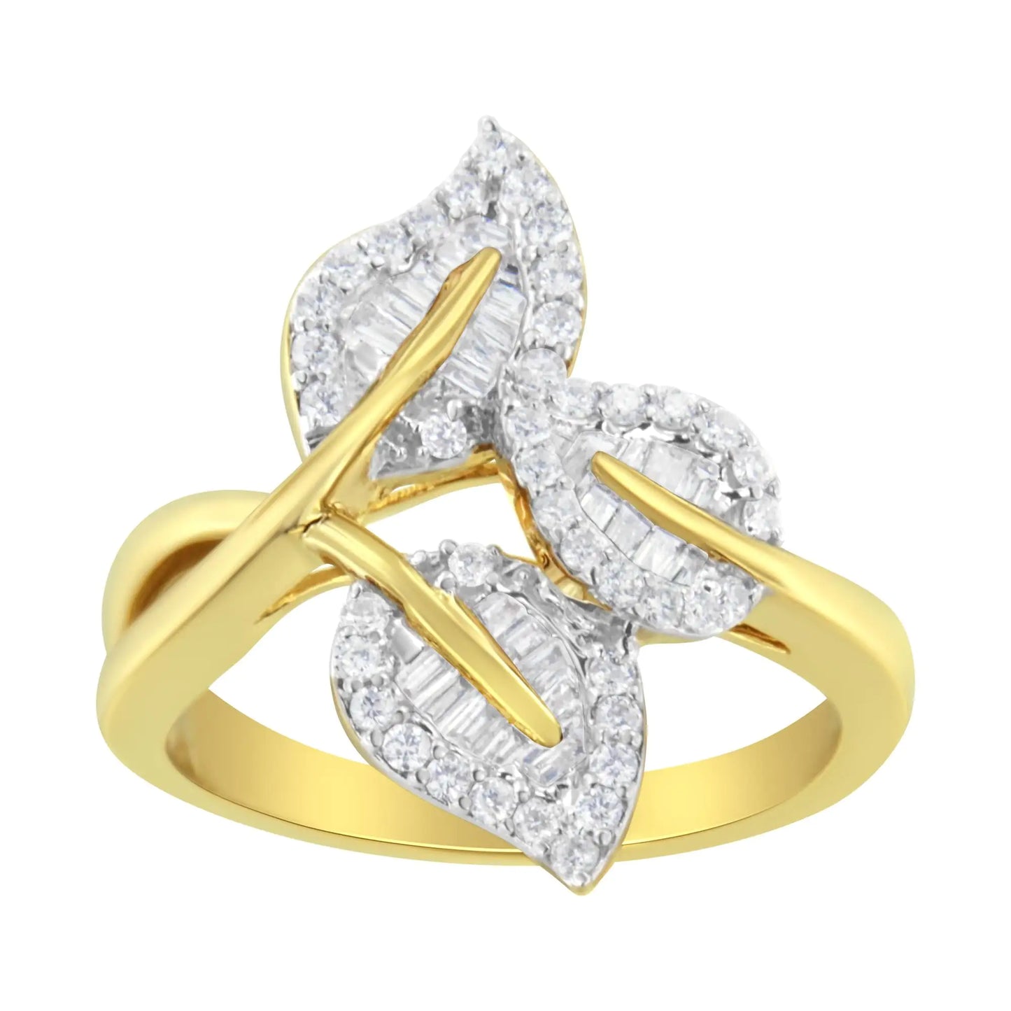 10k Yellow and White Gold 1/2 Cttw Baguette and Round Diamond Bypass Triple Leaf Ring (I-J Color, I1-I2 Clarity)