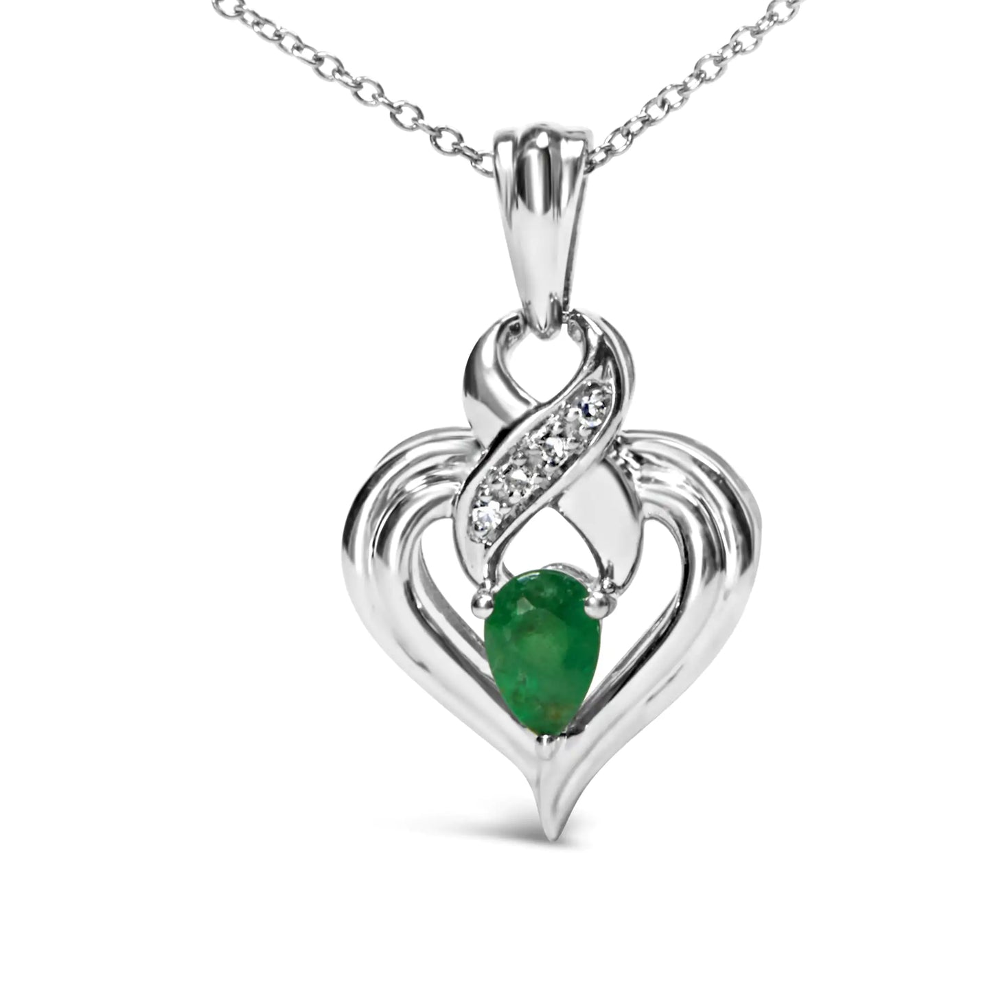 .925 Sterling Silver 6x4mm Pear Emerald and Diamond Accent Heart Pendant Necklace (H-I Color, SI1-SI2 Clarity) - 18 Inches