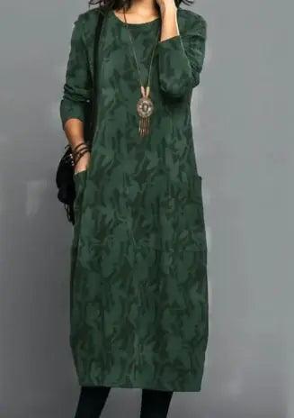 Retro Crew Neck Mid-waist A- Line Dress