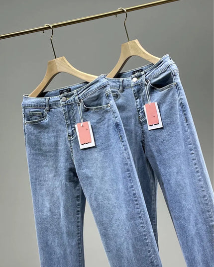 Ladies High Rise Straight Leg Jeans with Side Slit